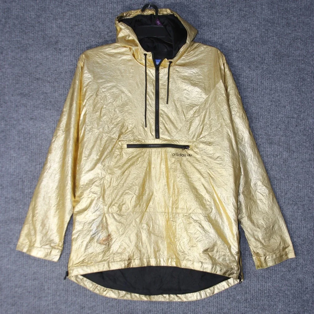 Adidas‎ Windbreaker Mens L Gold Metallic Pullover Anorak Hooded Jacket
